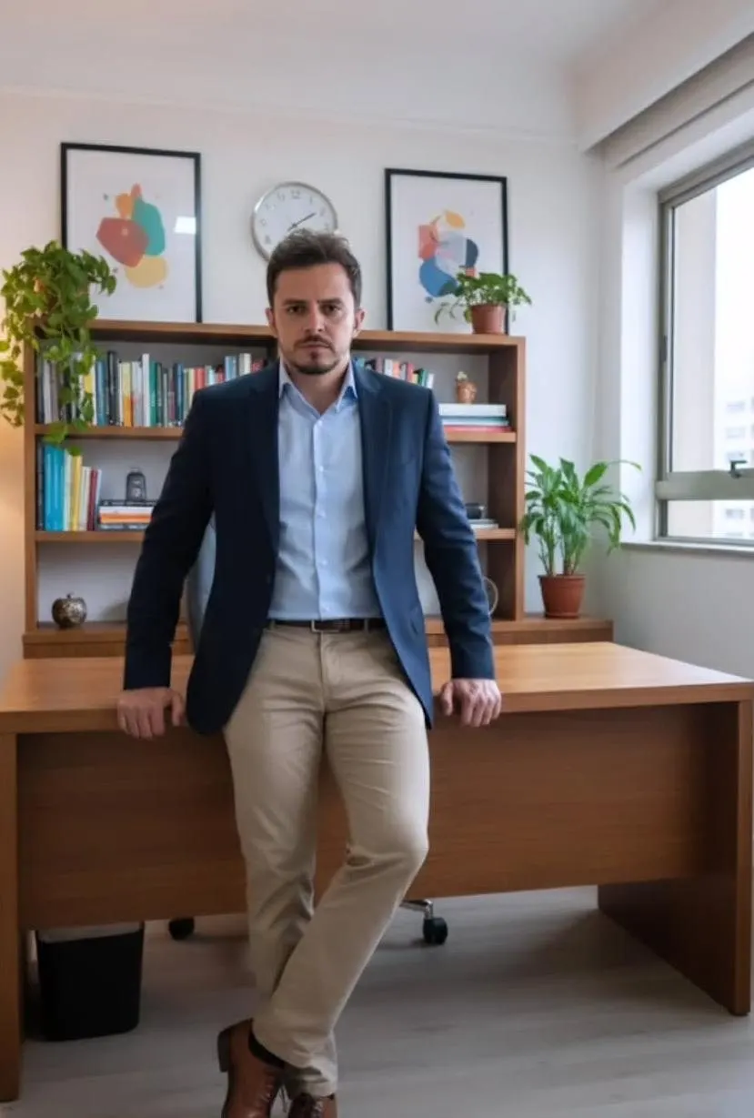 João Paulo de Souza Moreira, de blazer azul, apoiado numa mesa diante de uma estante de livros